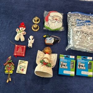 Christmas Ornaments, tree angel, mini lights, tinsel and misc